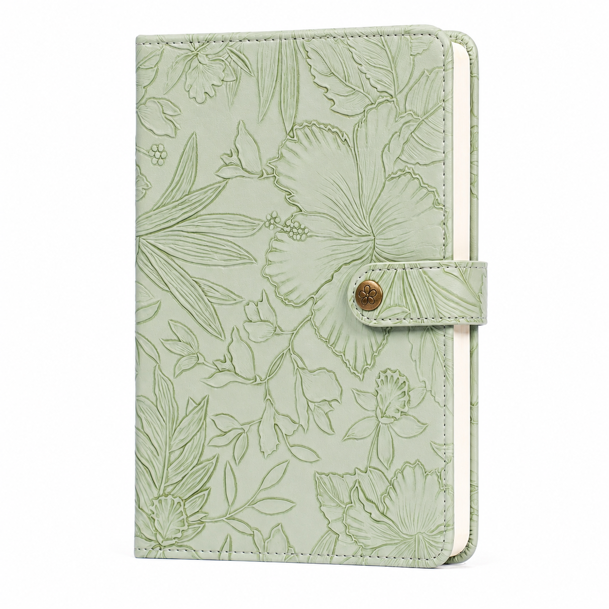 Embossed Floral Leather Notebook Journal – Sage Green