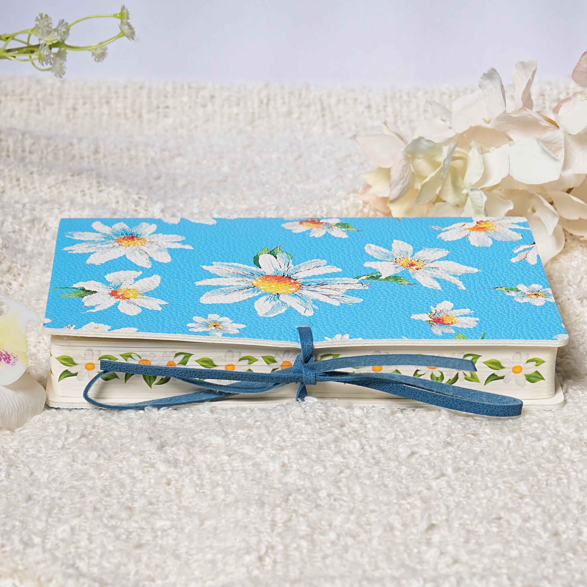 Botanical Leather Notebook Journal – Blue Daisy with Printed Edges