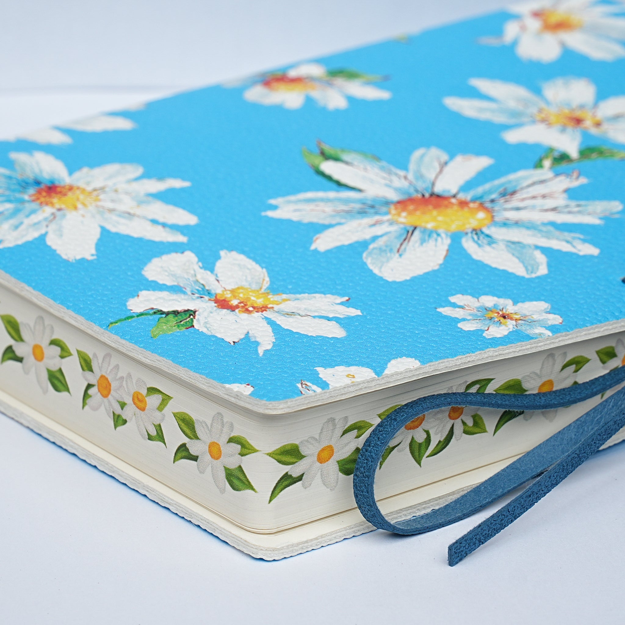 Botanical Leather Notebook Journal – Blue Daisy with Printed Edges