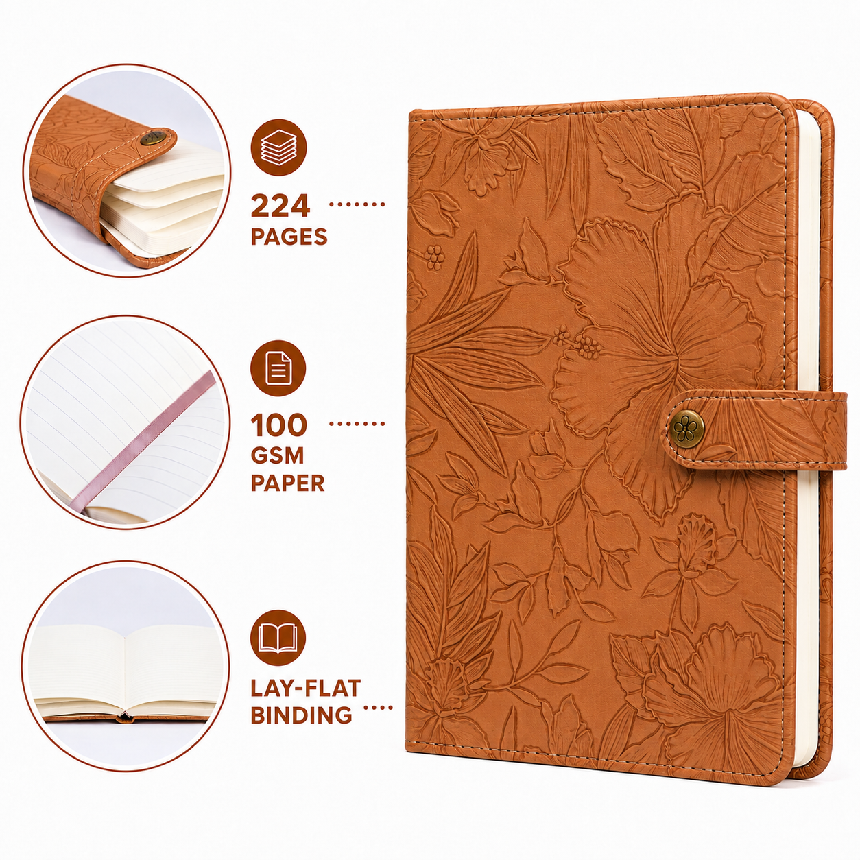 Embossed Floral Leather Notebook Journal – Brown
