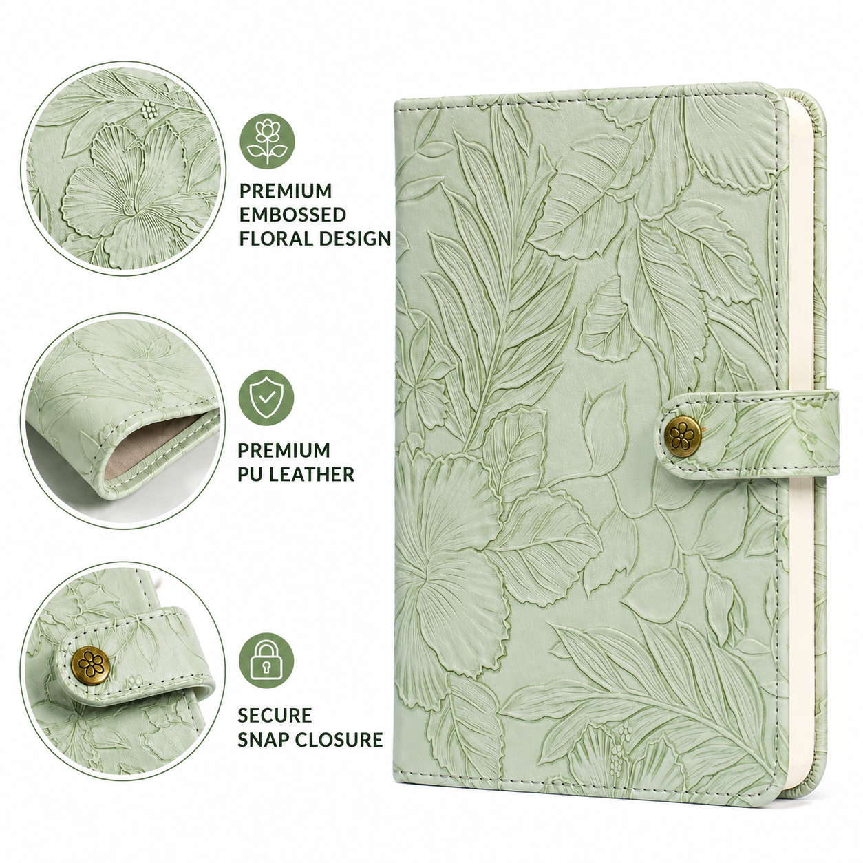 Embossed Floral Leather Notebook Journal – Sage Green
