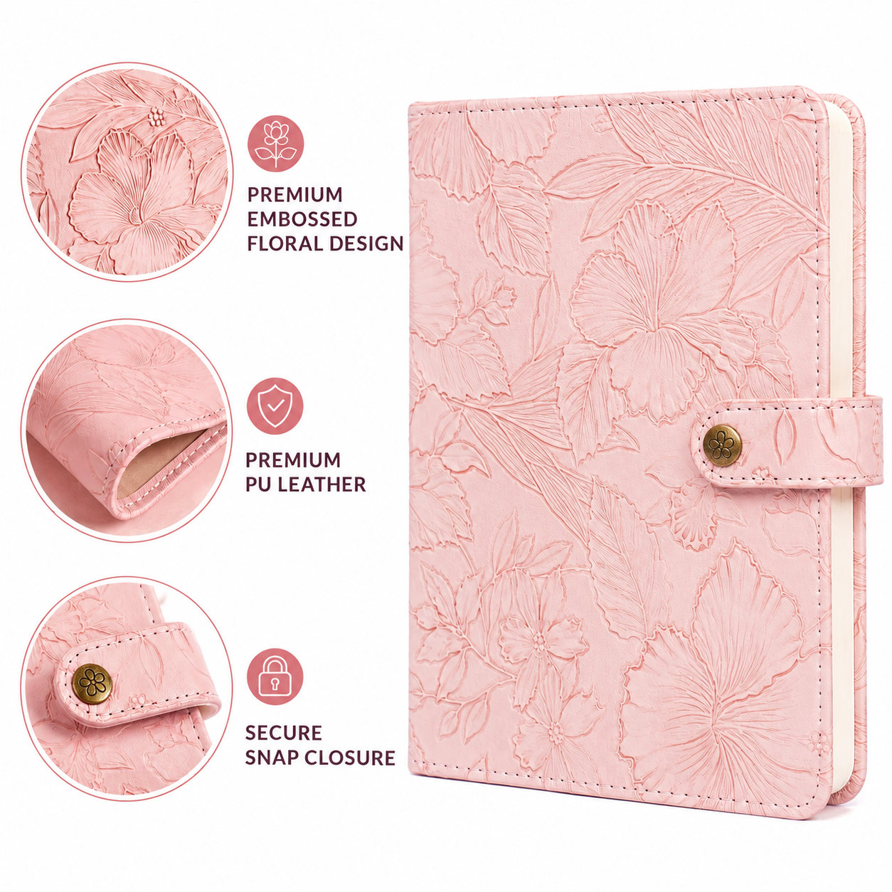 Embossed Floral Leather Notebook Journal – Blush Pink