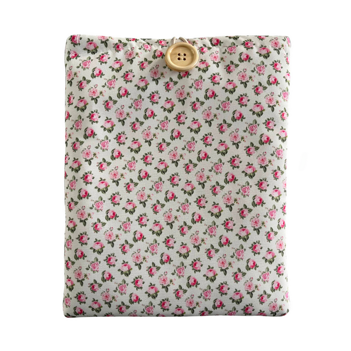 Front view of the Pink Petals book sleeve with a button closure, featuring pink floral patterns.