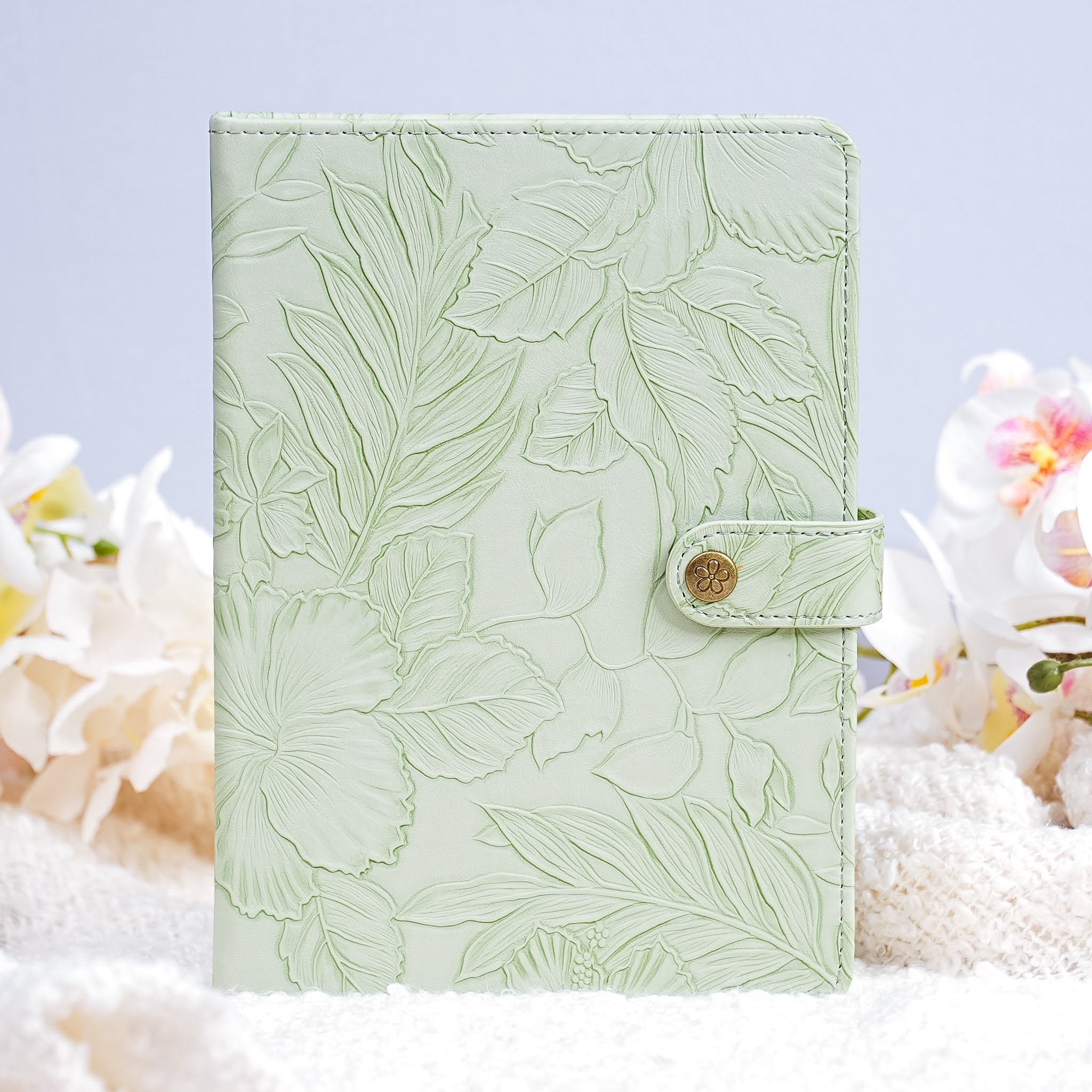 Embossed Floral Leather Notebook Journal – Sage Green
