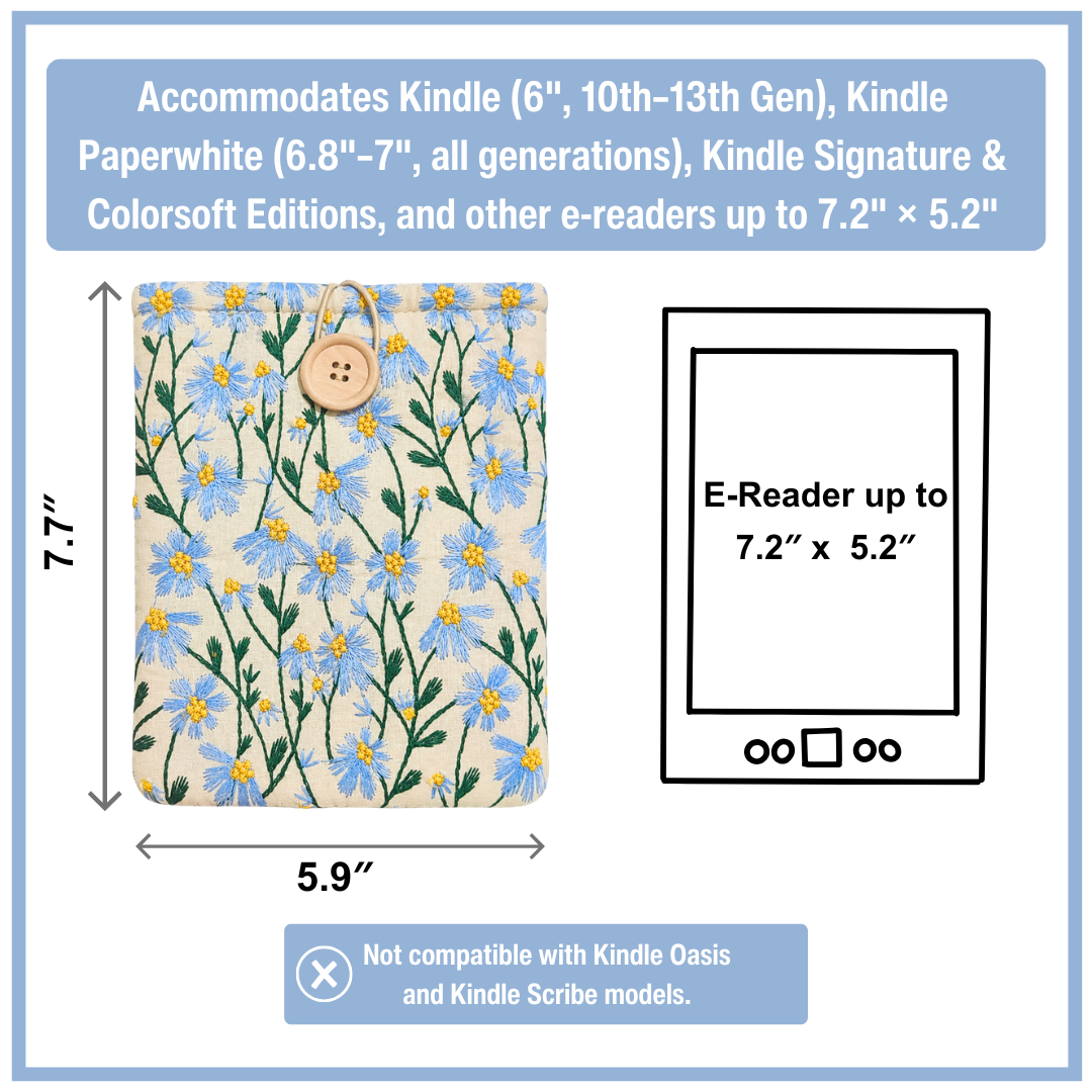 Embroidered Kindle Sleeve, Padded E-Reader Cover – Blue Daisy