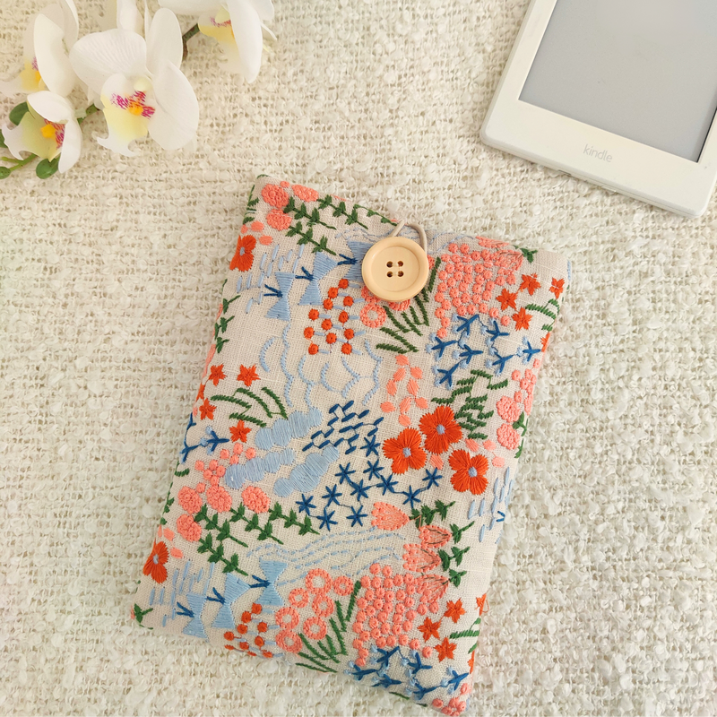 Floral Meadow Embroidered Kindle Sleeve - Beige