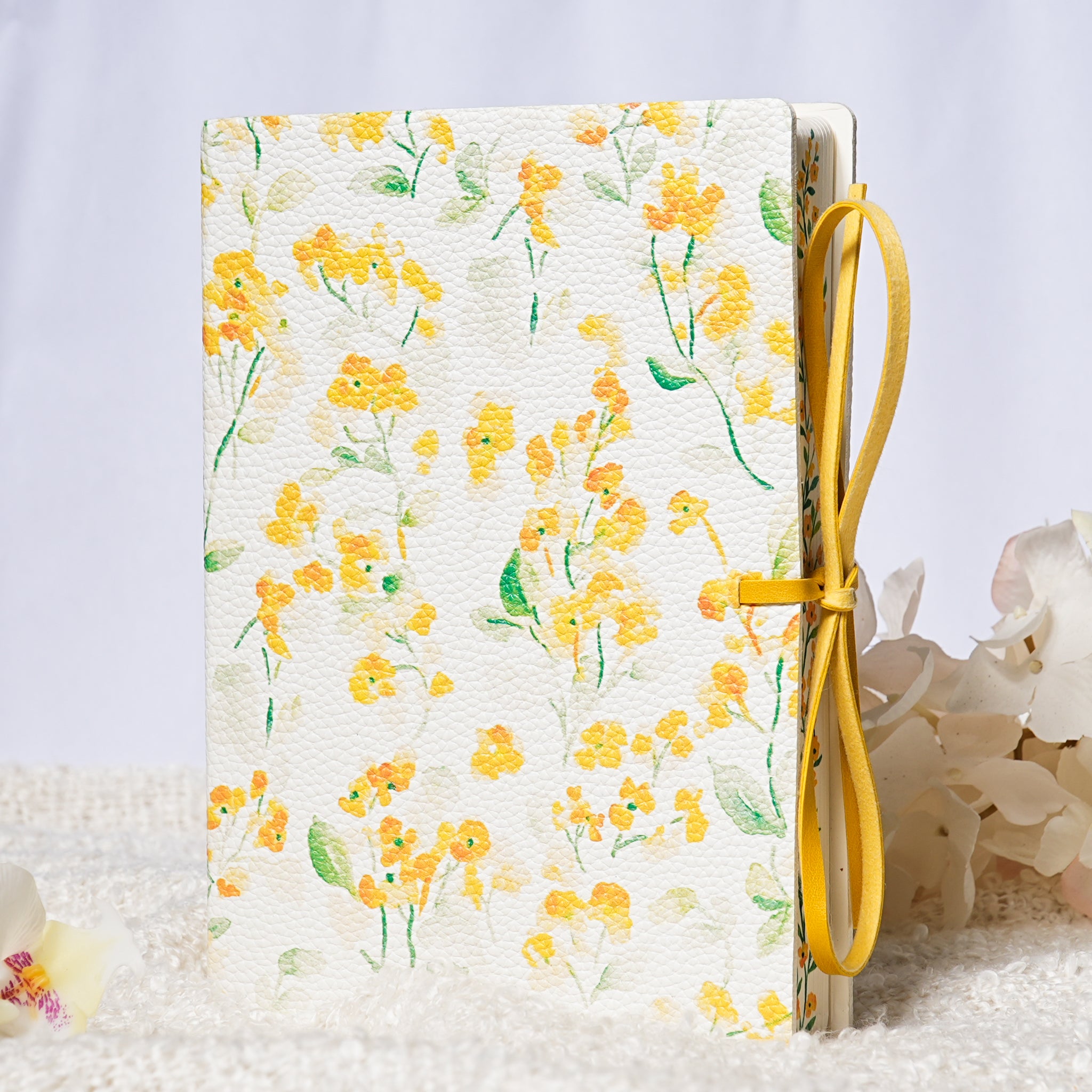 Botanical Leather Notebook Journal – Yellow Floral with Printed Edges