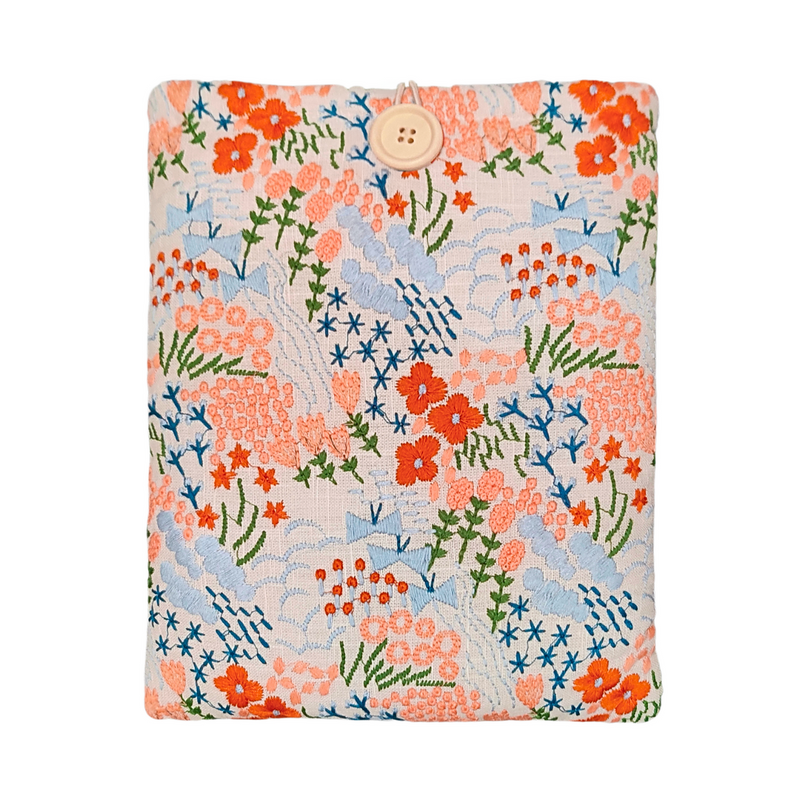 Floral Meadow Embroidered Padded Book Sleeve - Beige