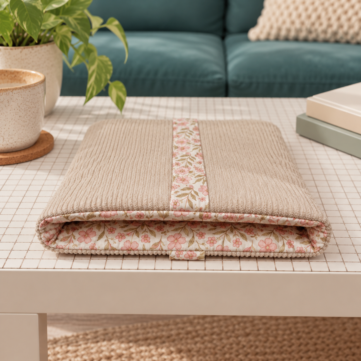Corduroy Book Sleeve with Floral Bow – Beige