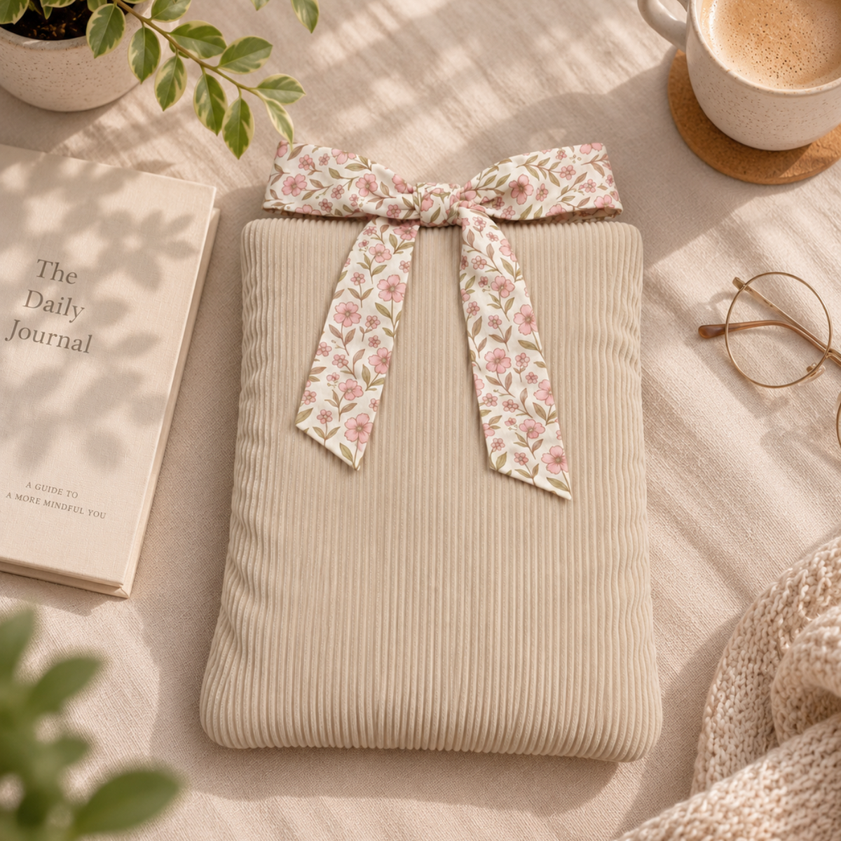Corduroy Book Sleeve with Floral Bow – Beige