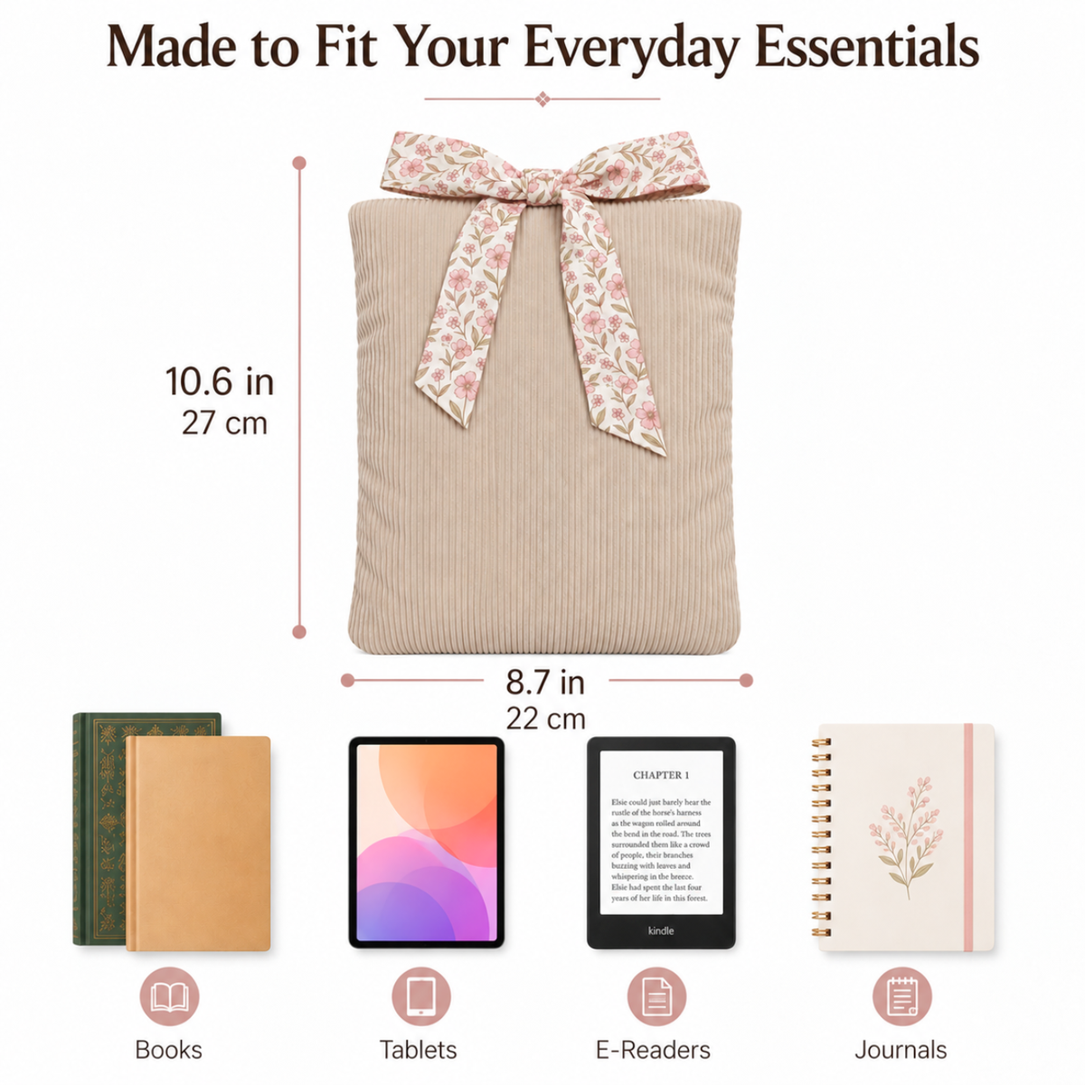 Corduroy Book Sleeve with Floral Bow – Beige