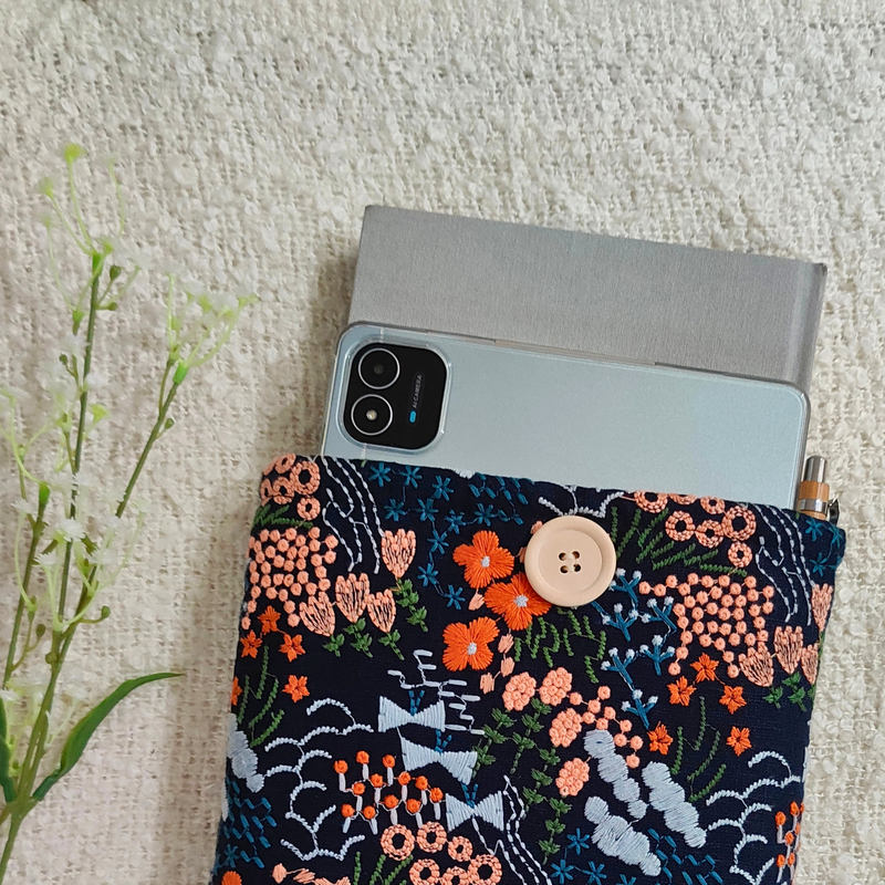 Floral Meadow Embroidered Book Sleeve - Blue