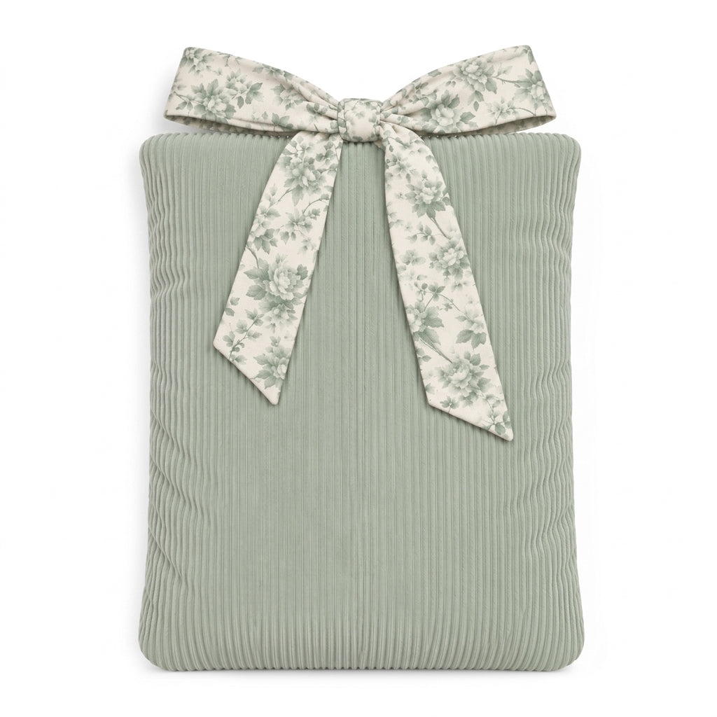 Corduroy Book Sleeve with Floral Bow – Sage Green