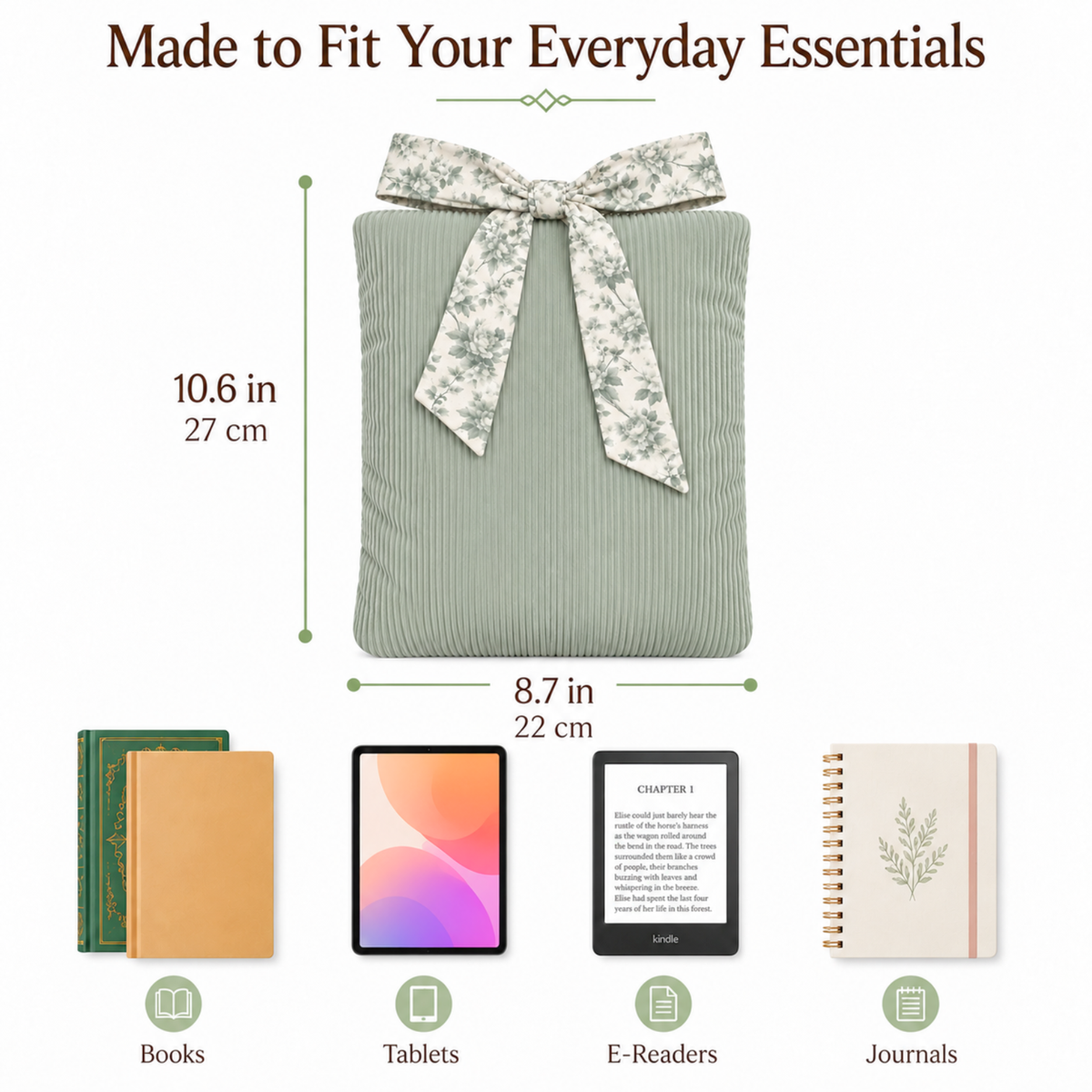 Corduroy Book Sleeve with Floral Bow – Sage Green