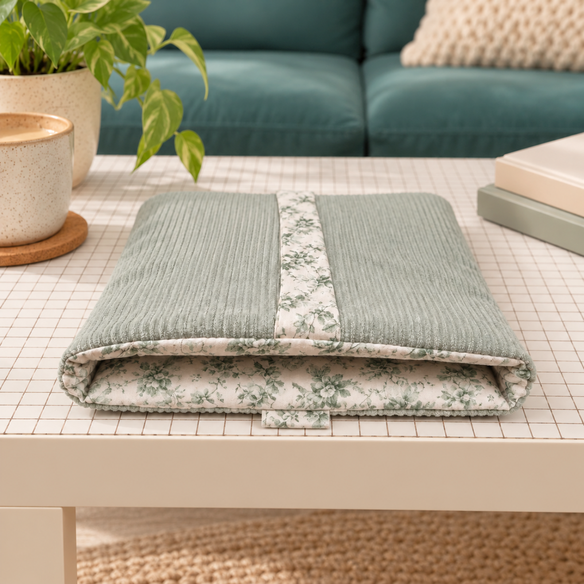 Corduroy Book Sleeve with Floral Bow – Sage Green