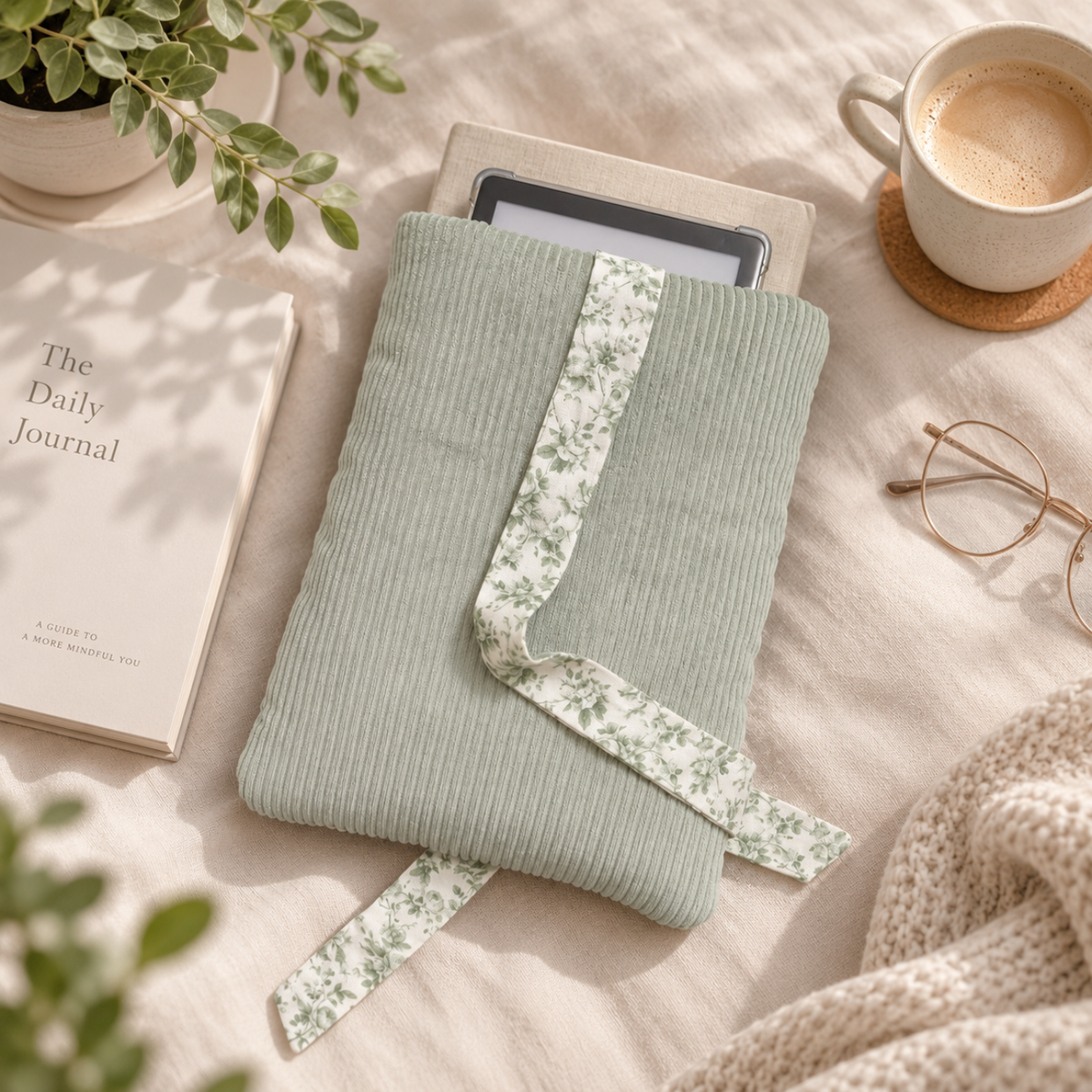 Corduroy Book Sleeve with Floral Bow – Sage Green