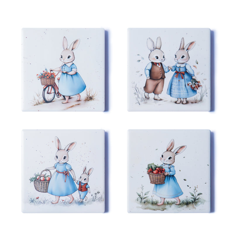 Mama Rabbit Ceramic Coaster Set – Vintage Storybook Rabbit Designs (Set of 4)