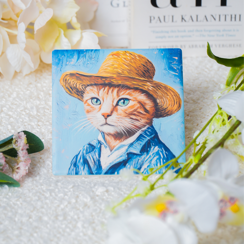 Starry Cats Ceramic Coaster Set – Van Gogh Inspired Art Cat Designs (Set of 4)