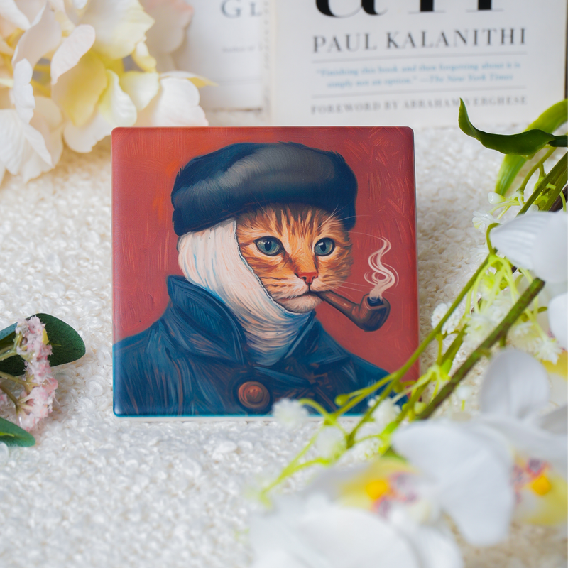 Starry Cats Ceramic Coaster Set – Van Gogh Inspired Art Cat Designs (Set of 4)