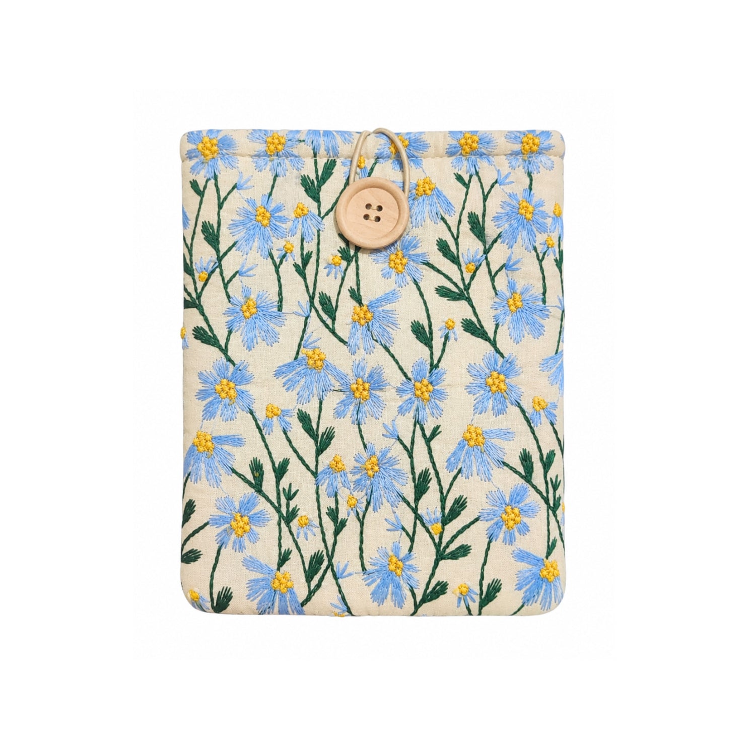 Embroidered Kindle Sleeve, Padded E-Reader Cover – Blue Daisy