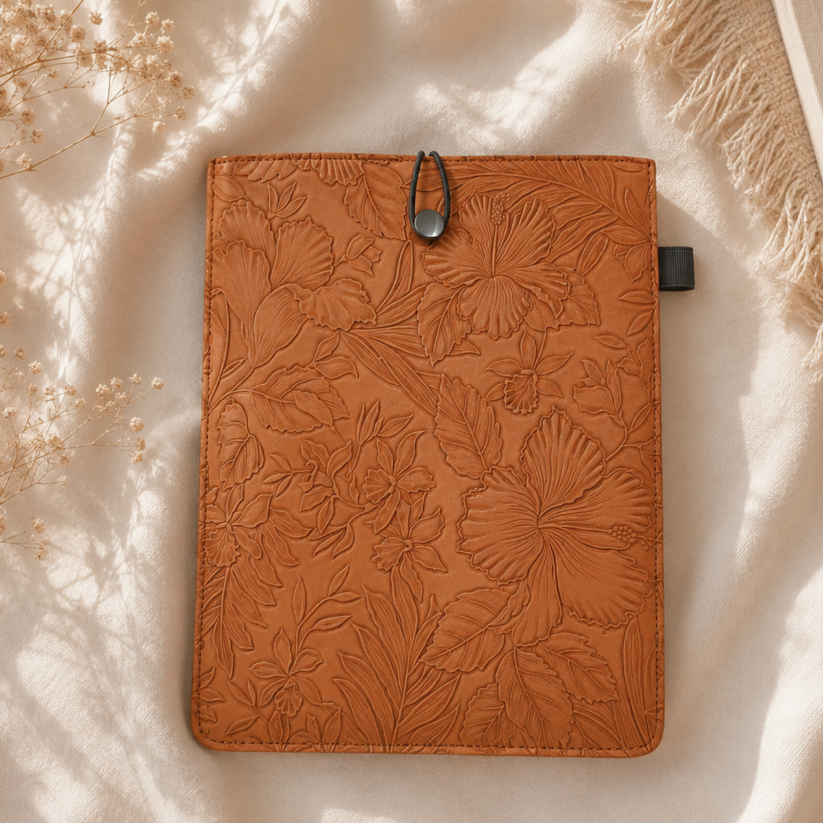 Embossed Floral PU Leather Book Sleeve – Warm Brown