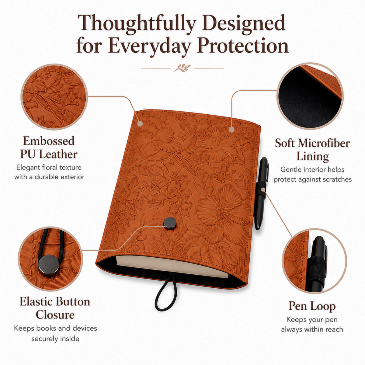Embossed Floral PU Leather Book Sleeve – Warm Brown