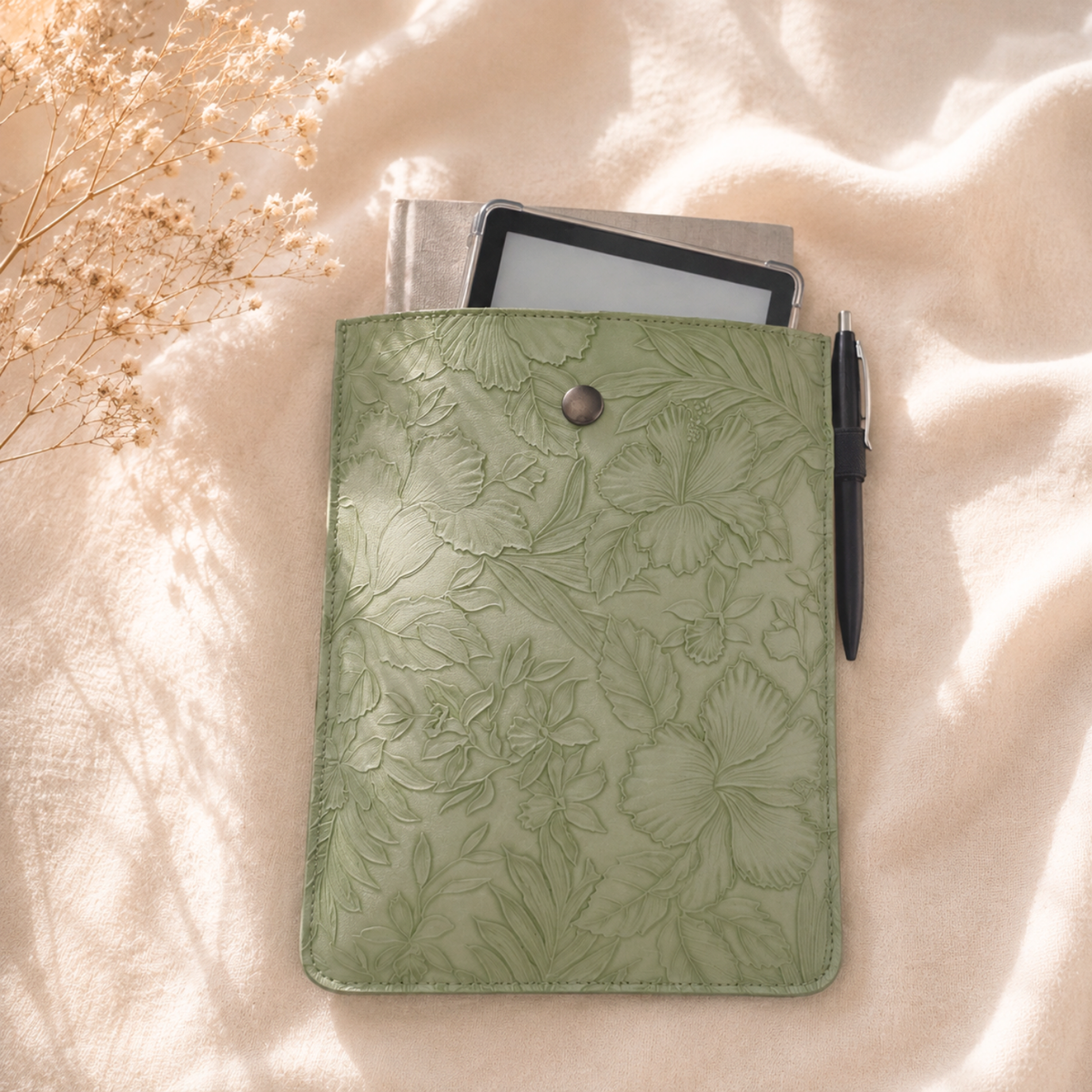 Embossed Floral PU Leather Book Sleeve – Sage Green