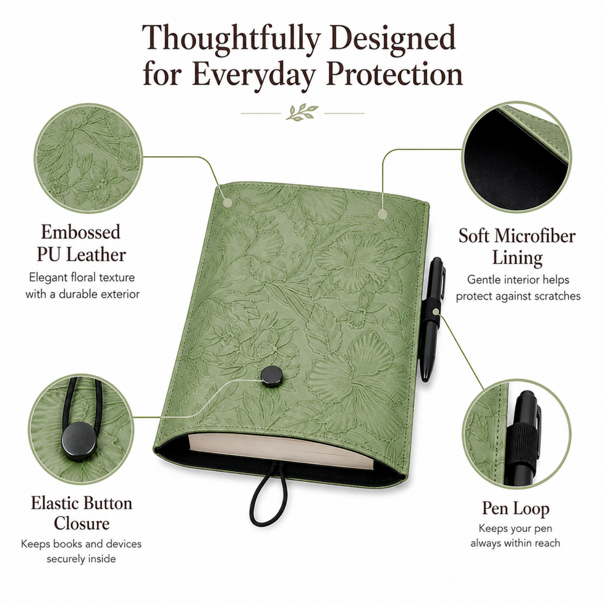 Embossed Floral PU Leather Book Sleeve – Sage Green