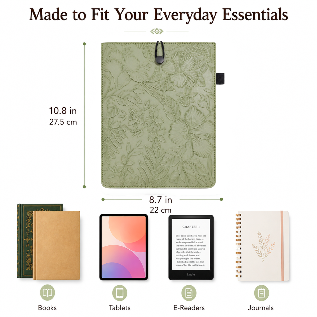Embossed Floral PU Leather Book Sleeve – Sage Green