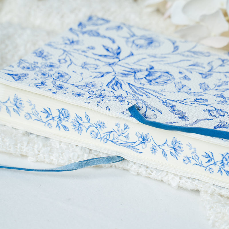 Botanical Leather Notebook Journal – Blue Floral Design with Printed Edges