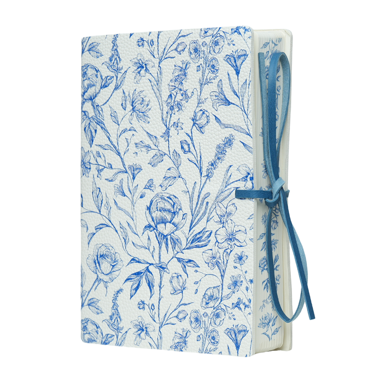 Botanical Leather Notebook Journal – Blue Floral Design with Printed Edges