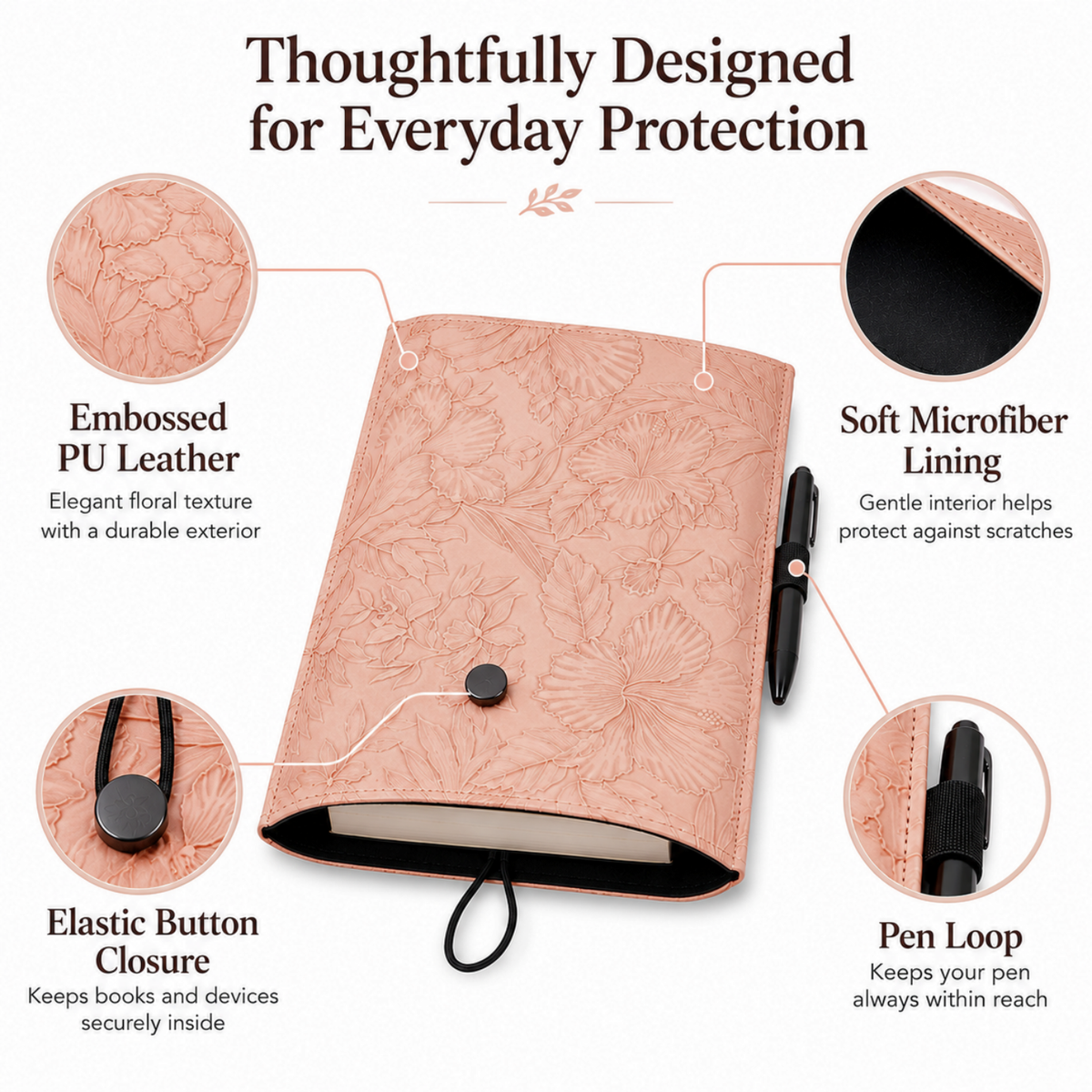 Embossed Floral PU Leather Book Sleeve – Blush Pink