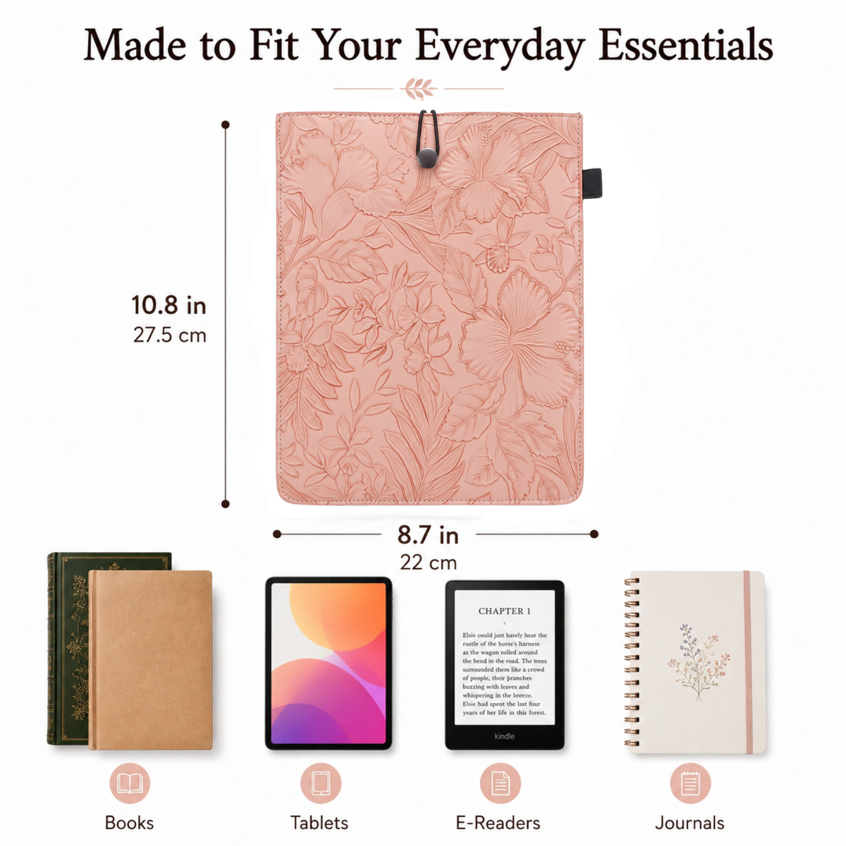 Embossed Floral PU Leather Book Sleeve – Blush Pink