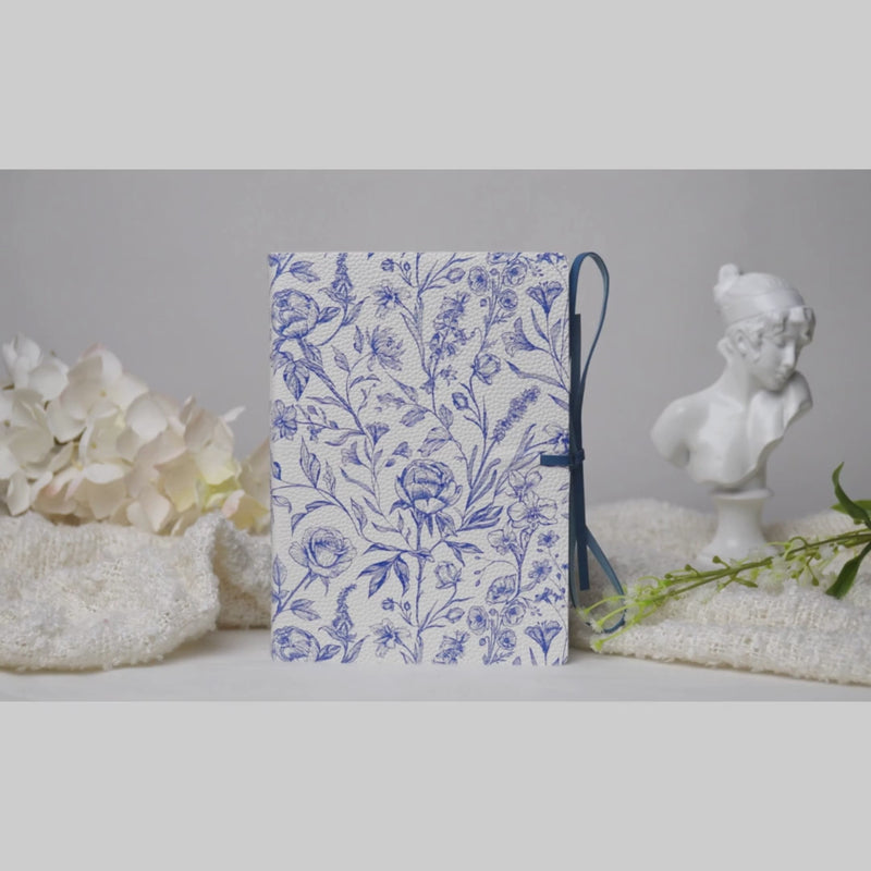 Botanical Leather Notebook Journal – Blue Floral Design with Printed Edges